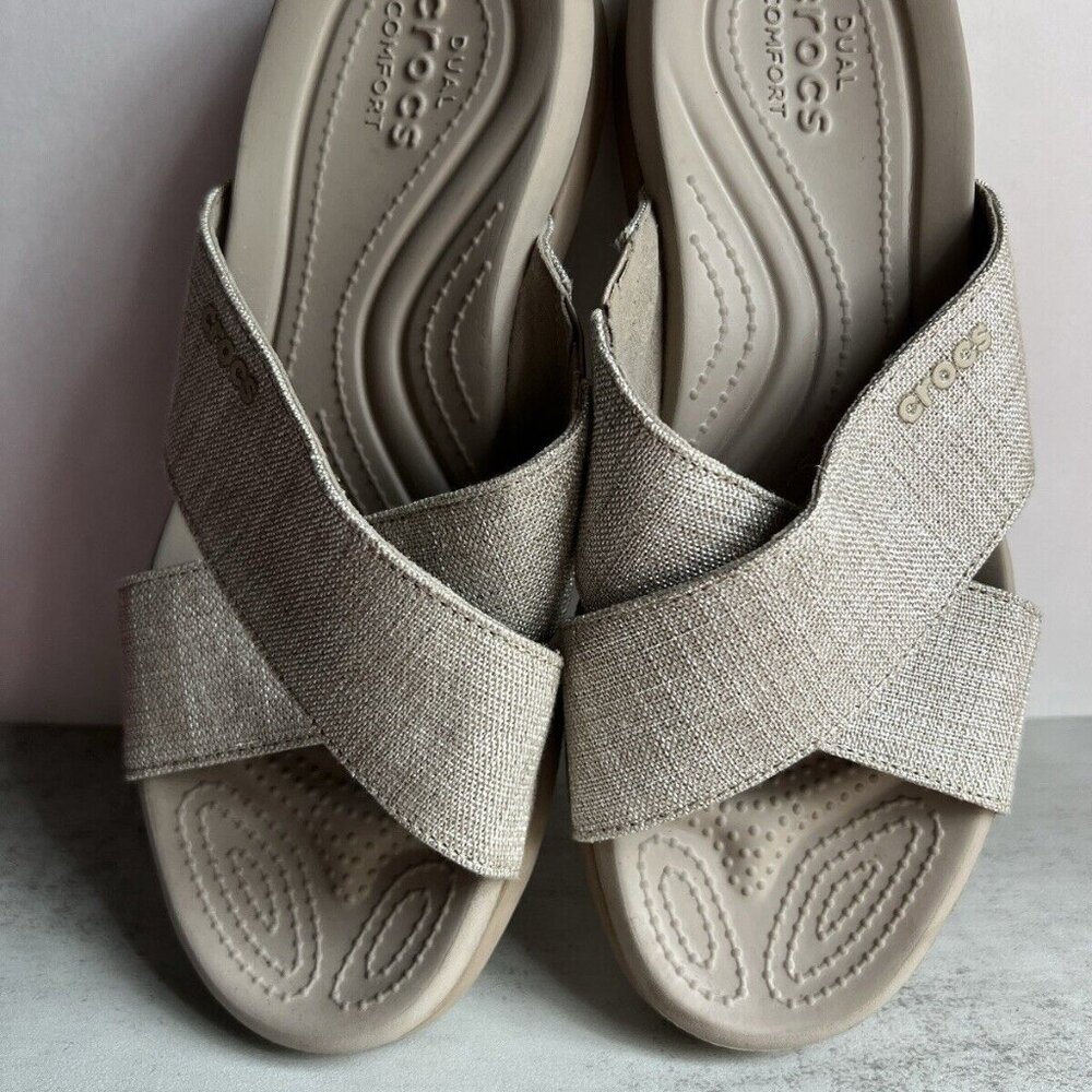 CROCS Women's Metallic Taupe Cross-Band Sandals - Picture 10 of 16